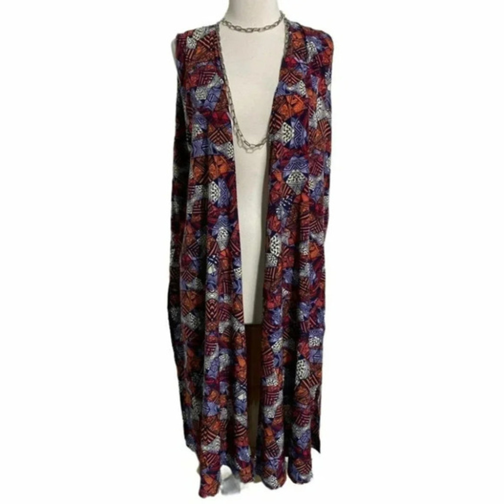 LuLaRoe Joy Vest Medium Multicolor Geometric Tribal Print Long Open Front Duster